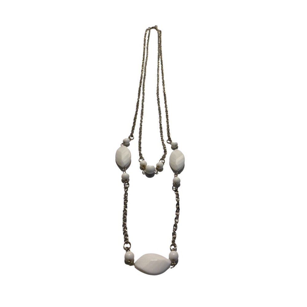 White Bead Silver Tone Chain Necklace